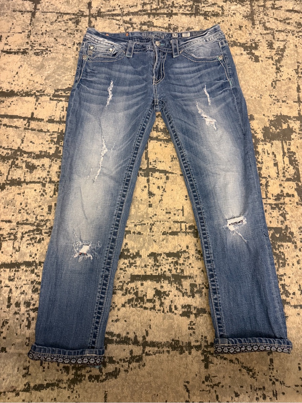 Miss Me Women's Distressed Blue Jeans with Embroidered Hem